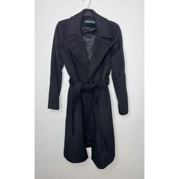 Lauren Ralph Lauren Wool-Blend Wrap Coat Black Belted Longline Size 8 Pockets 2A - Picture 1 of 16